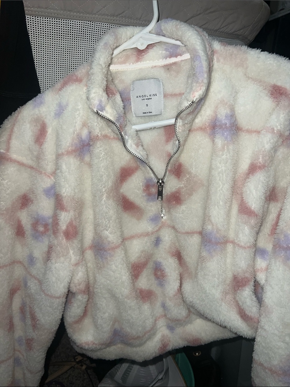 Angel Kiss Cream Sherpa Half-Zip Pullover with Pink & Lavender Pattern